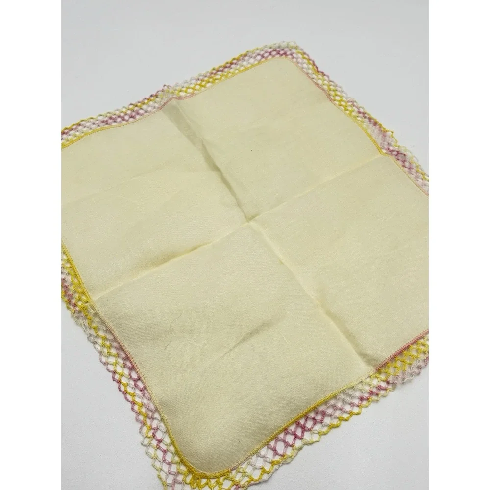 Vintage Linen Handkerchief Set 2 Tatting Lace Trim Pink Yellow Wedding Hankies